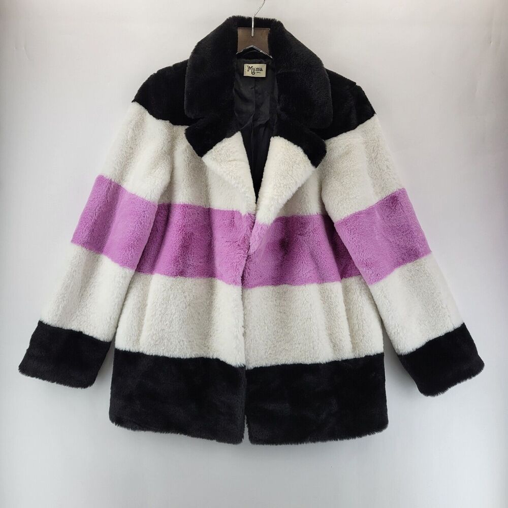 Show Me Your Mumu Faux Fur Coat‎ Womens Small Clorblock Black White Pink Twee